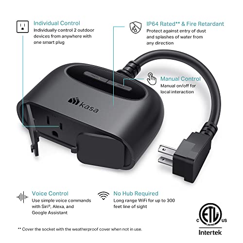 Kasa Outdoor Smart Plug, Smart Home Wi-Fi Outlet with 2 Sockets, IP64 Weather Resistance, Compatible with Alexa, Google Home & IFTTT, No Hub Required, ETL Certified(EP40), Black